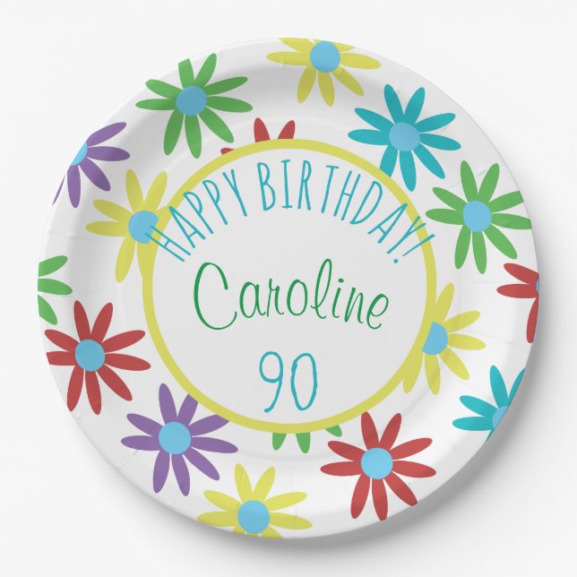 90th Birthday Floral Personalized Paper Plate (Front)