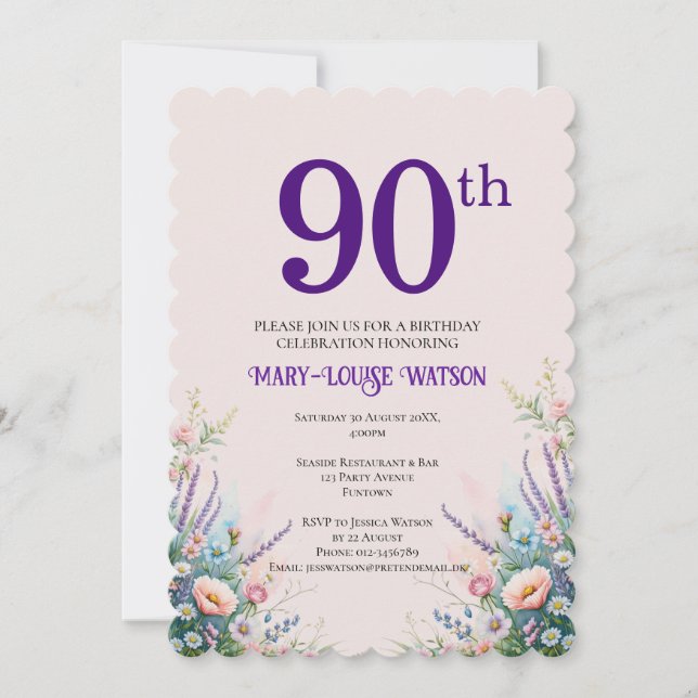 90th Birthday Floral Pink and Purple Invitation (Front)