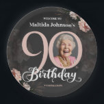 90th Birthday Floral Pink Gray Custom Photo Paper Plates<br><div class="desc">90th Birthday Floral Pink Gray Custom Photo Paper Plates. A beautiful and elegant floral design birthday invitation, that features lovely and lush soft pink flowers. This design lets you add a photo of the birthday person and all details is fully customizable. Need help with this template? Contact the designer/creator by...</div>