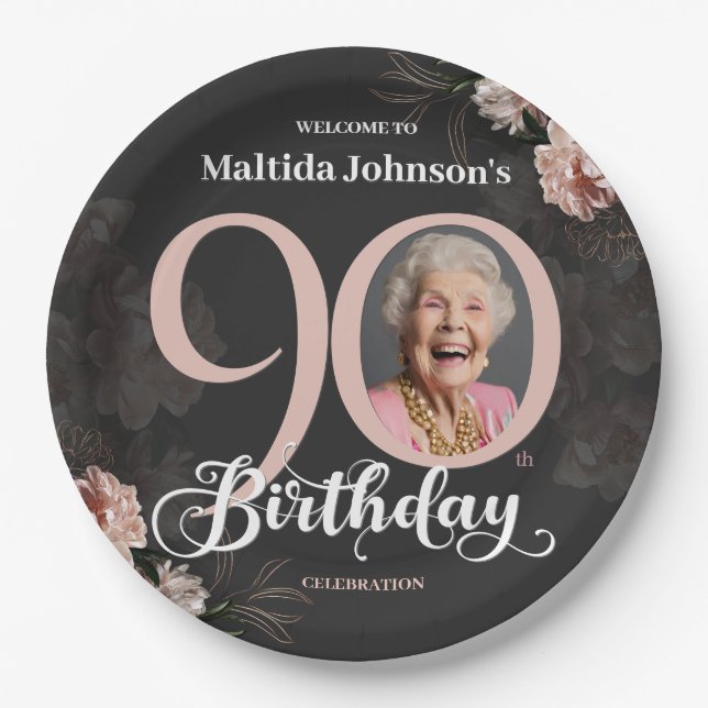 90th Birthday Floral Pink Gray Custom Photo Paper Plates (Front)