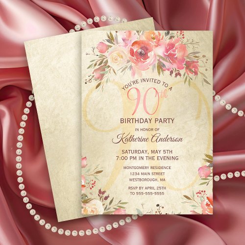 90th Birthday Floral Pink Roses Gold Shimmer Party Invitation