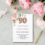 90th birthday floral rose gold eucalyptus greenery invitation<br><div class="desc">An elegant invitation for a 90th birthday party. A chic white background. Decorated with a rose gold and blush pink watercolored rose flower, floral, green eucalyptus leaves, sprigs, greenery and faux gold sprigs. Personalize and the name and party details. Black and golden letters. The name is written with a modern...</div>