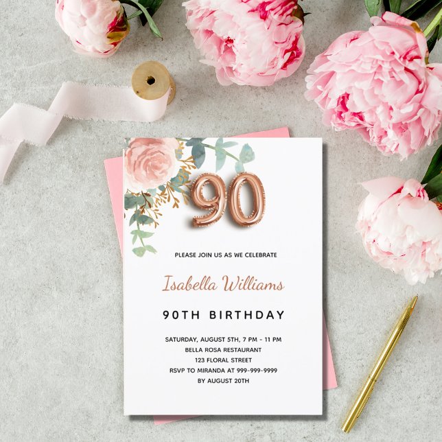 90th birthday floral rose gold eucalyptus greenery invitation (Creator Uploaded)