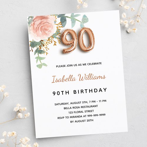 90th birthday floral rose gold eucalyptus greenery invitation postcard