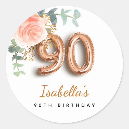 90th birthday floral rose gold eucalyptus monogram classic round sticker