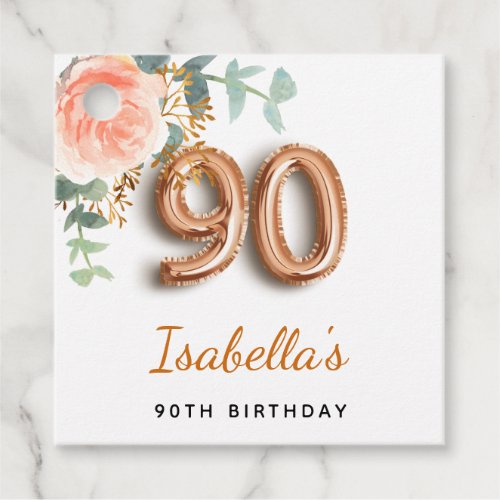 90th birthday floral rose gold eucalyptus monogram favor tags