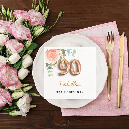 90th birthday floral rose gold eucalyptus monogram napkins