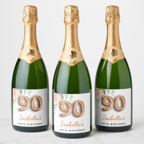 90th birthday floral rose gold eucalyptus monogram sparkling wine label