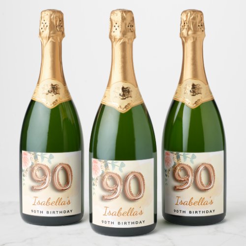 90th birthday floral rose gold eucalyptus monogram sparkling wine label