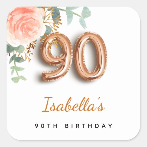 90th birthday floral rose gold eucalyptus monogram square sticker
