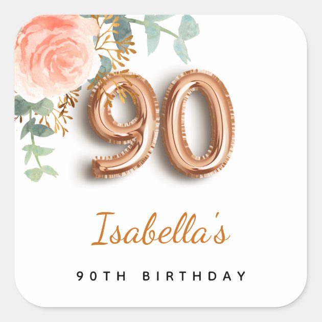 90th Birthday Floral Rose Gold Eucalyptus Monogram Square Sticker | Zazzle