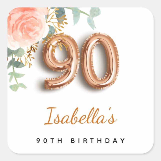 90th birthday floral rose gold eucalyptus monogram square sticker (Front)