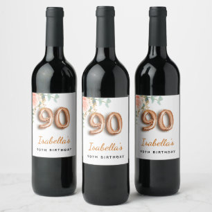 90th birthday floral rose gold eucalyptus monogram wine label