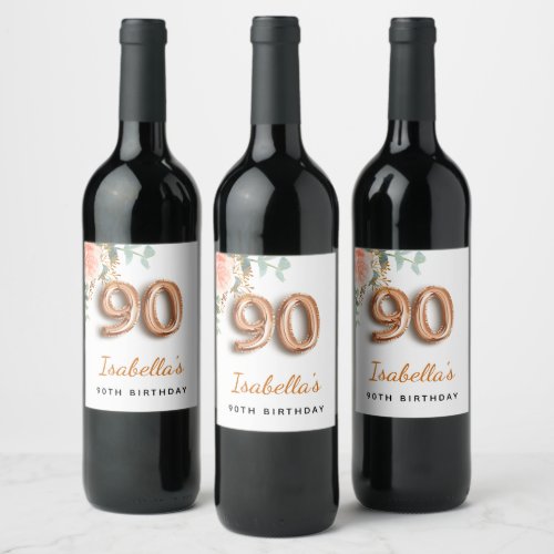 90th birthday floral rose gold eucalyptus monogram wine label