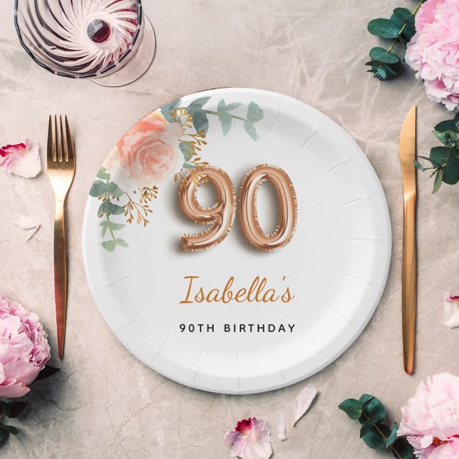 90th birthday floral rose gold eucalyptus name paper plates (Creator Uploaded)