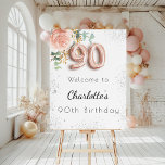 90th Birthday floral rose gold greenery welcome Foam Board<br><div class="desc">A welcome board for a girly and glamorous 90th birthday party. A stylish white background decorated with a rose gold and blush pink watercolored floral, flower, eucalyptus greenery, golden sprigs and faux silver glitter dust. Personalize and add a name. Black letters. Number 90 is written with a balloon style font....</div>