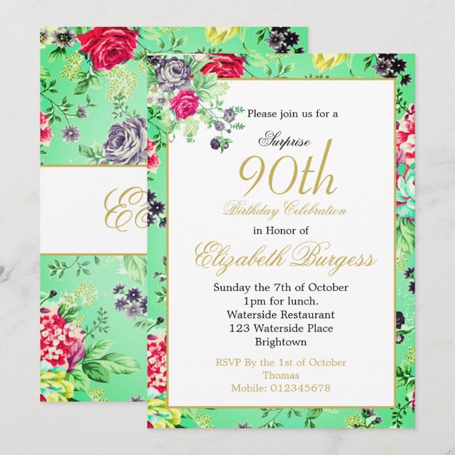 90th Birthday Floral Rose Gold Monogram Birthday Invitation (Front/Back)