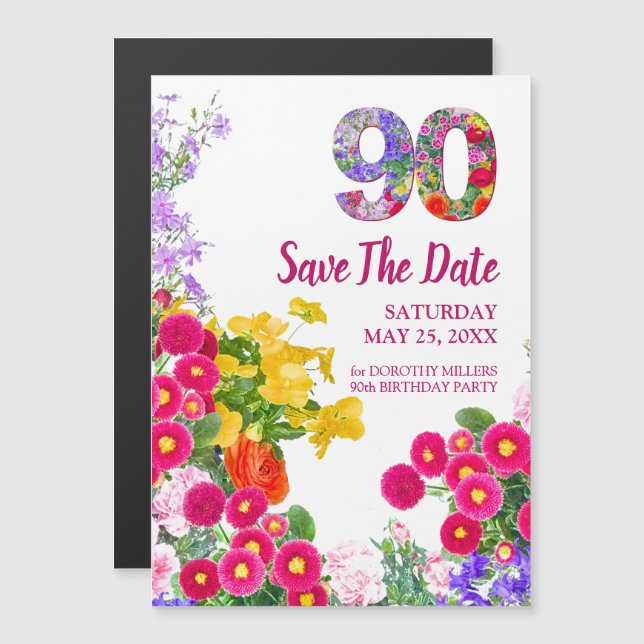 90th Birthday Floral Save the Date – Elegant Magnetic Invitation (Front/Back)
