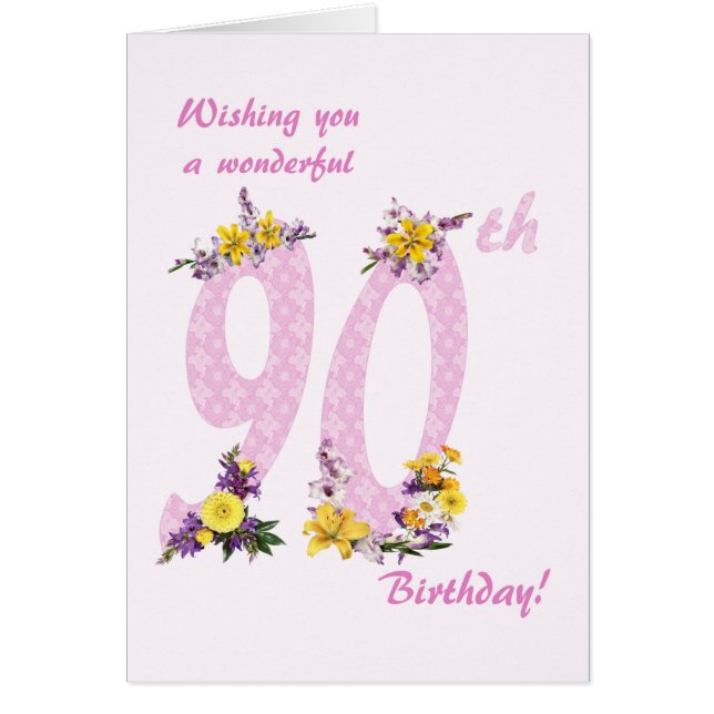 90th Birthday Flower Decorated Numbers Cards (Front)