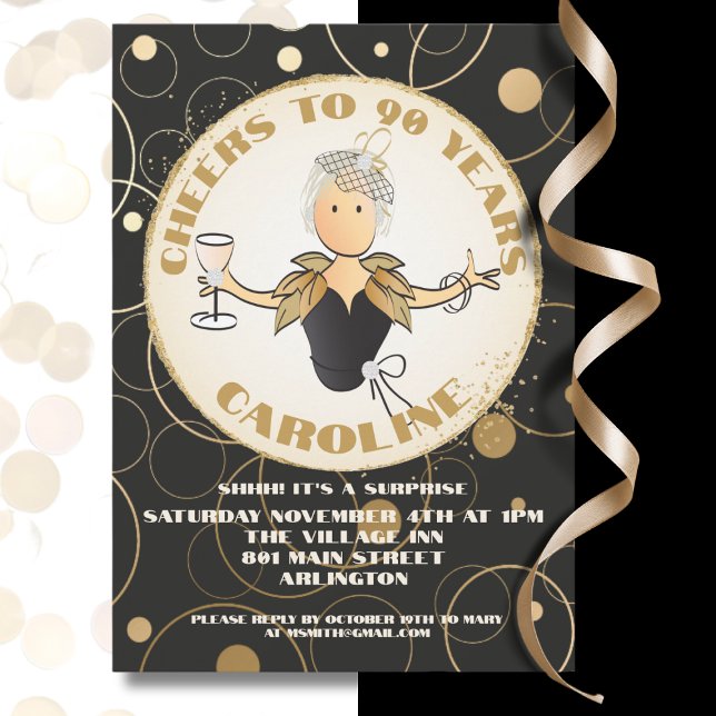 90th Birthday for Her Gold Sparkle Black Birthday Invitation (Creator Uploaded)