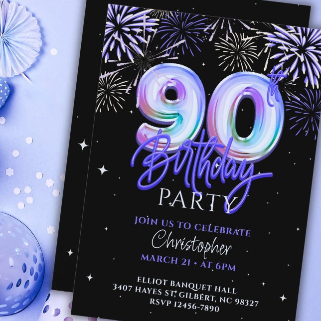 90th Birthday for Him Blue Fireworks Foil Balloon  Invitation (Creator Uploaded)