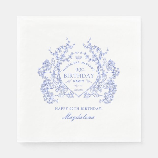 90th Birthday French Blue Floral Crest Custom Napkins (Front)