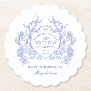90th Birthday French Blue Floral Crest Custom Paper Coaster