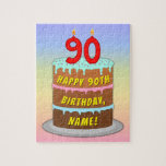 [ Thumbnail: 90th Birthday: Fun Cake and Candles + Custom Name Jigsaw Puzzle ]