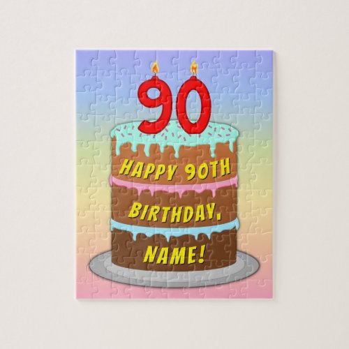 90th Birthday Fun Cake and Candles  Custom Name Jigsaw Puzzle