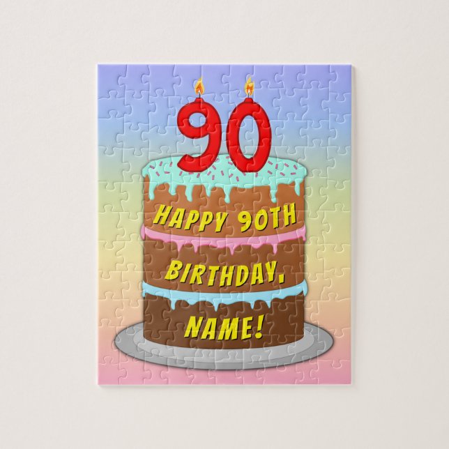 90th Birthday: Fun Cake and Candles + Custom Name Jigsaw Puzzle (Vertical)