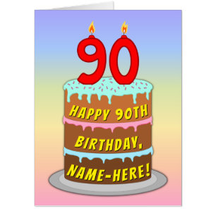 90th Birthday: Fun Cake & Candles, w/ Custom Name Card