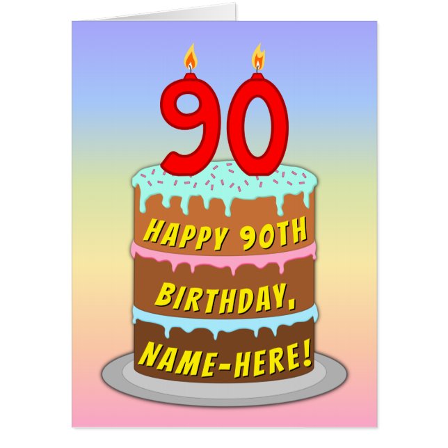 90th Birthday: Fun Cake & Candles, w/ Custom Name Card (Front)