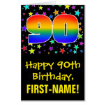 [ Thumbnail: 90th Birthday: Fun, Colorful Stars + Rainbow # 90 Card ]