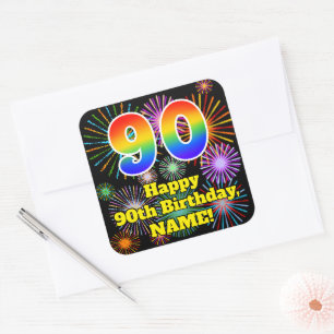 90th Birthday: Fun Fireworks Look, Rainbow # 90 Square Sticker
