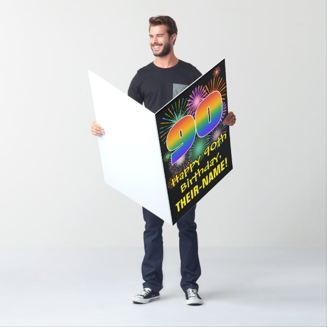 90th Birthday: Fun Fireworks Pattern & Rainbow 90 Card (In Situ)