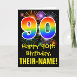 [ Thumbnail: 90th Birthday: Fun Fireworks Pattern + Rainbow 90 Card ]