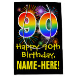 [ Thumbnail: 90th Birthday: Fun Fireworks Pattern + Rainbow 90 Gift Bag ]