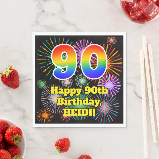 90th Birthday: Fun Fireworks Pattern + Rainbow 90 Napkins (Insitu)