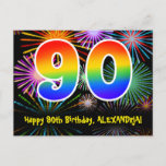 [ Thumbnail: 90th Birthday – Fun Fireworks Pattern + Rainbow 90 Postcard ]