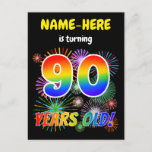 [ Thumbnail: 90th Birthday - Fun Fireworks, Rainbow Look "90" Postcard ]
