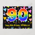 [ Thumbnail: 90th Birthday: Fun Hearts Pattern, Rainbow 90 Postcard ]