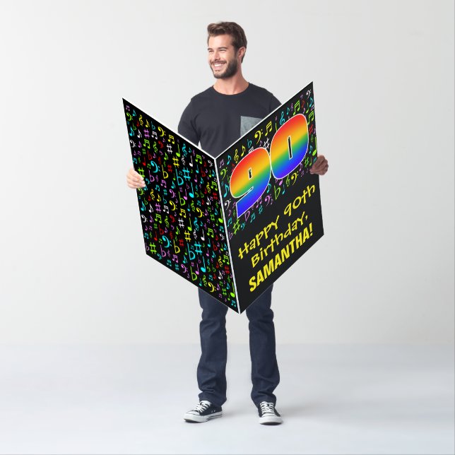 90th Birthday: Fun Music Symbols + Rainbow # 90 Card (In Situ)