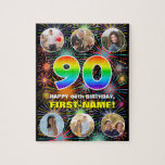 [ Thumbnail: 90th Birthday: Fun Rainbow #, Custom Name + Photos Jigsaw Puzzle ]