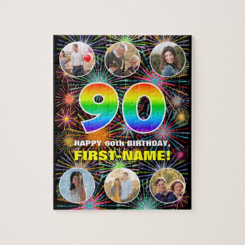 90th Birthday Fun Rainbow  Custom Name  Photos Jigsaw Puzzle