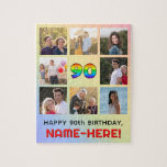 90th Birthday: Fun Rainbow #, Custom Name & Photos Jigsaw Puzzle<br><div class="desc">This upbeat and joyful birthday themed jigsaw puzzle design features the number “90“ with a vibrant rainbow spectrum inspired gradient pattern, along with the message “HAPPY 90th BIRTHDAY, ” and a customizable recipient name. The background also features a rainbow spectrum inspired gradient pattern, made up of various shades of light...</div>