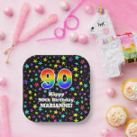 [ Thumbnail: 90th Birthday: Fun Stars Pattern and Rainbow “90” Paper Plates ]