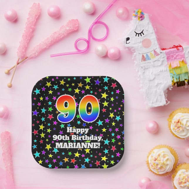 90th Birthday: Fun Stars Pattern and Rainbow “90” Paper Plates (Party)