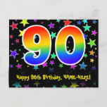 [ Thumbnail: 90th Birthday: Fun Stars Pattern, Rainbow 90, Name Postcard ]