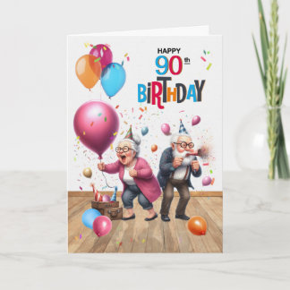 90th Birthday Funny Old Man and Woman Balloons Card