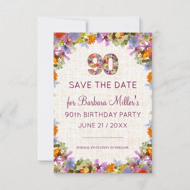90th Birthday Garden Party – Elegant Floral Save The Date (Front)
